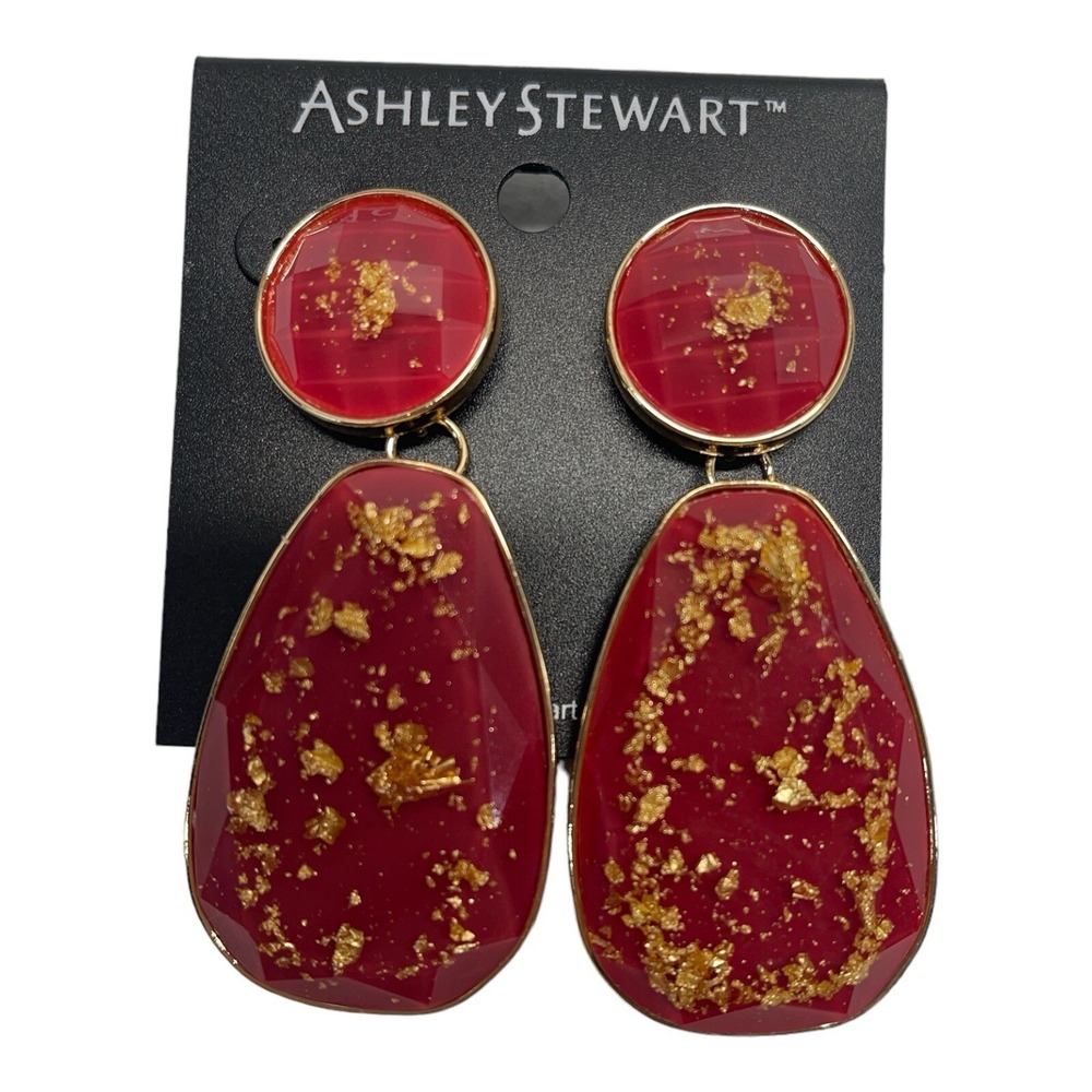 Ashley‎ Stewart Women's Earrings Red And Gold Color Opal Hinged Jewelry